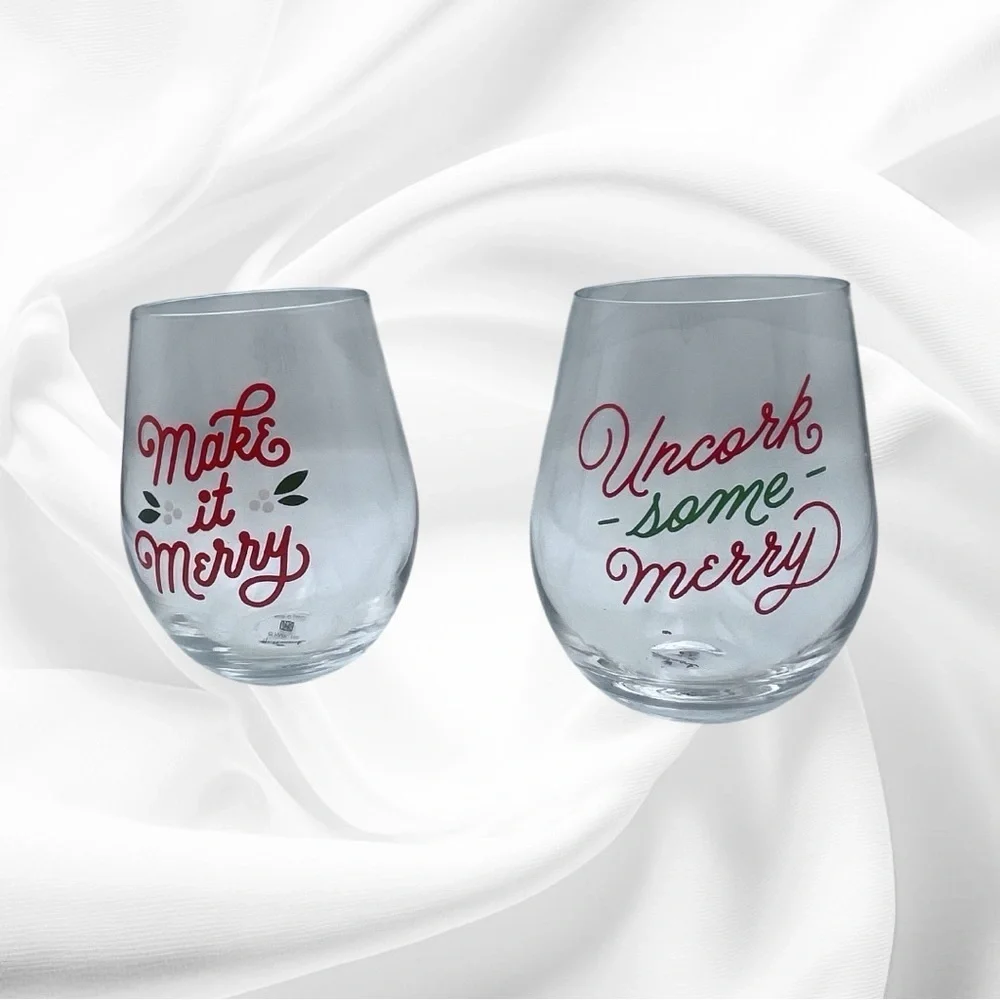Holiday Stemless Wine Glass Set with Festive Red and Green Merry Designs NWT